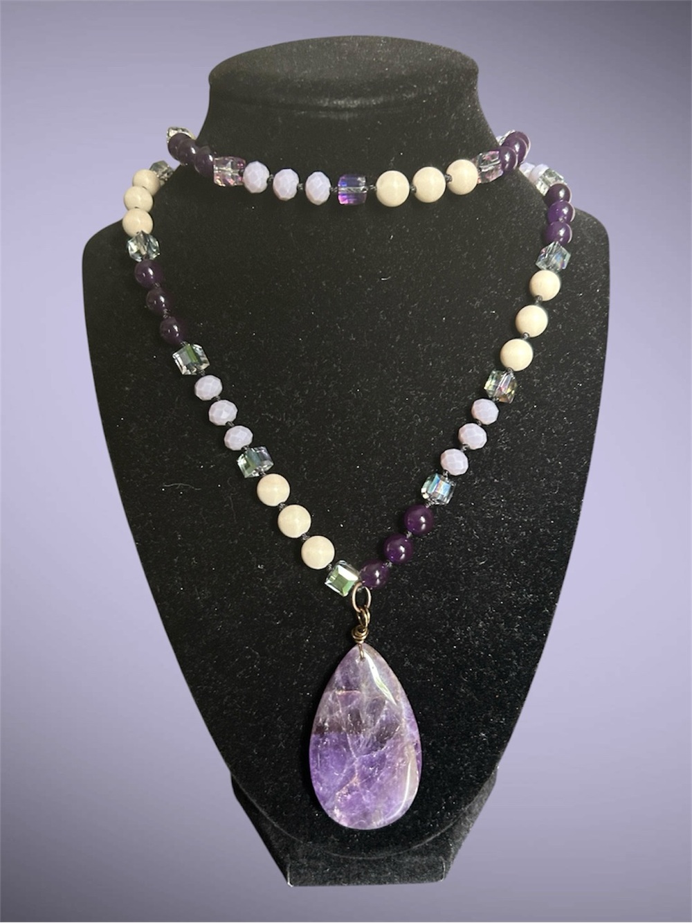 Vintage Boho Style Natural Amethyst Stone Pendant on a Long Beaded Necklace
